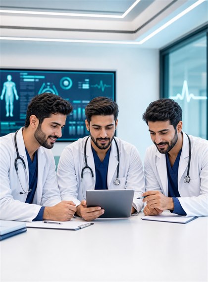 Young male healthcare professionals seated in training
